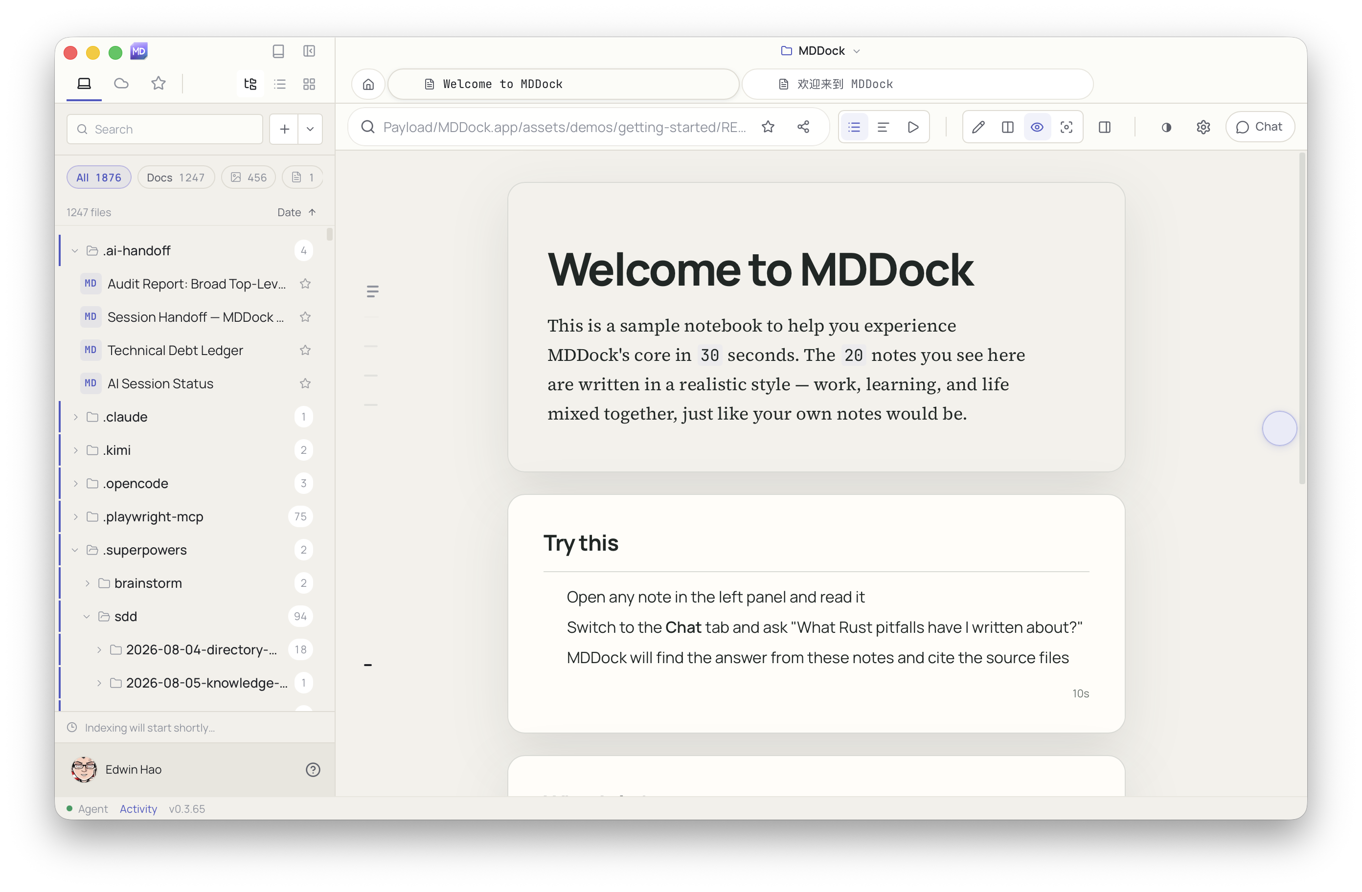 MDDock desktop client on macOS, v0.3.65. A 'Welcome to MDDock' sample notebook is rendered in the editor β a 30-second tour of 20 sample notes written in realistic style. The left file tree shows the vault root with agent folders visible: .ai-handoff, .claude, .kimi, .opencode, .playwright-mcp, .superpowers, and .sdd β proving that MDDock is the local home for both human-written Markdown and AI agent state. The status bar at the bottom shows v0.3.65.