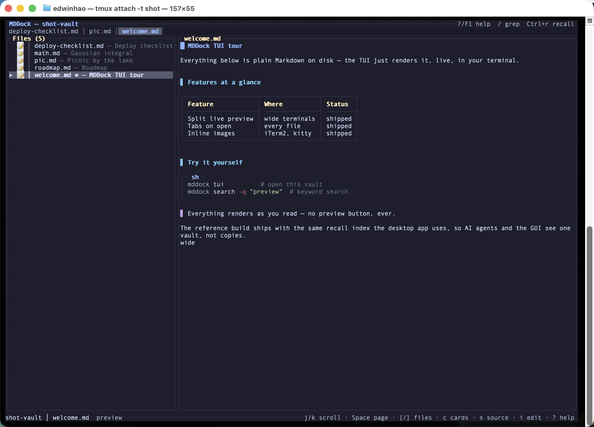 MDDock TUI browse view: file tree on the left, rendered Markdown with a table, code block and quote on the right.