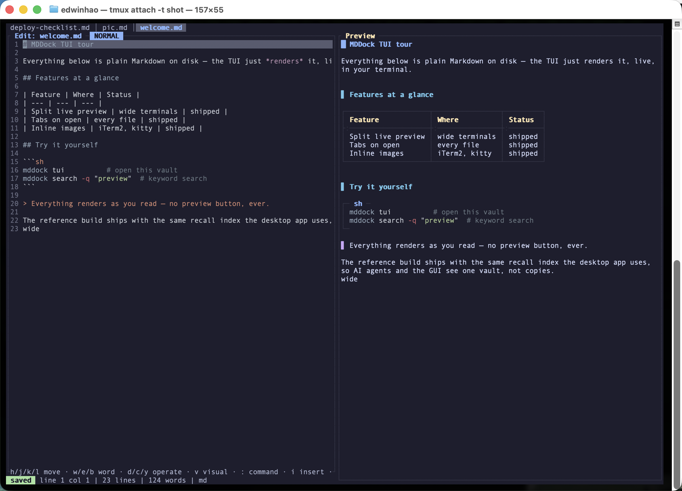 MDDock TUI split editing view: syntax-highlighted Markdown source on the left, live rendered preview on the right.