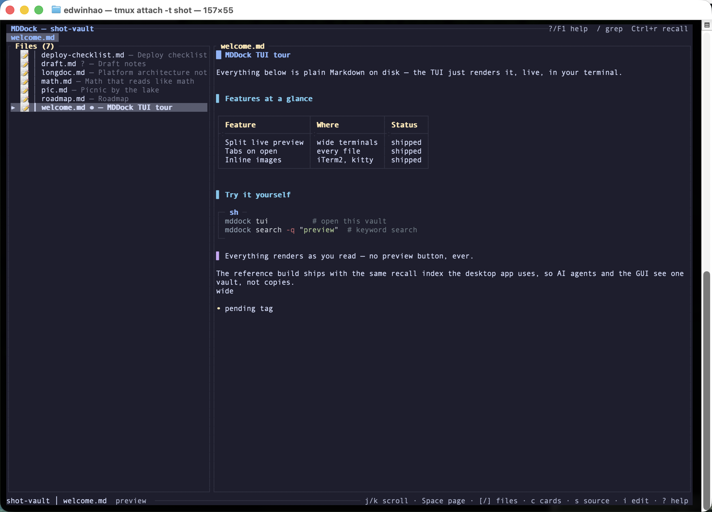 MDDock TUI title bar showing a git status badge next to the current file name.
