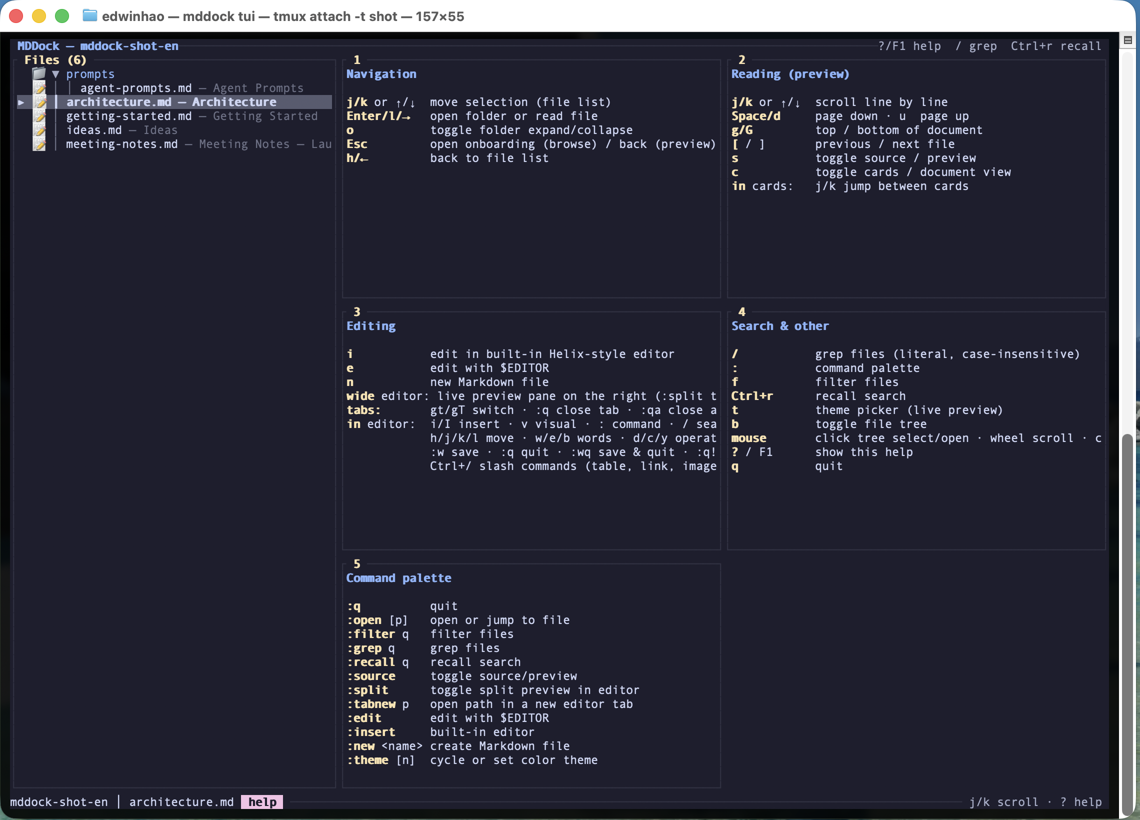 MDDock TUI shortcut help panel showing every keybinding in a four-quadrant layout.