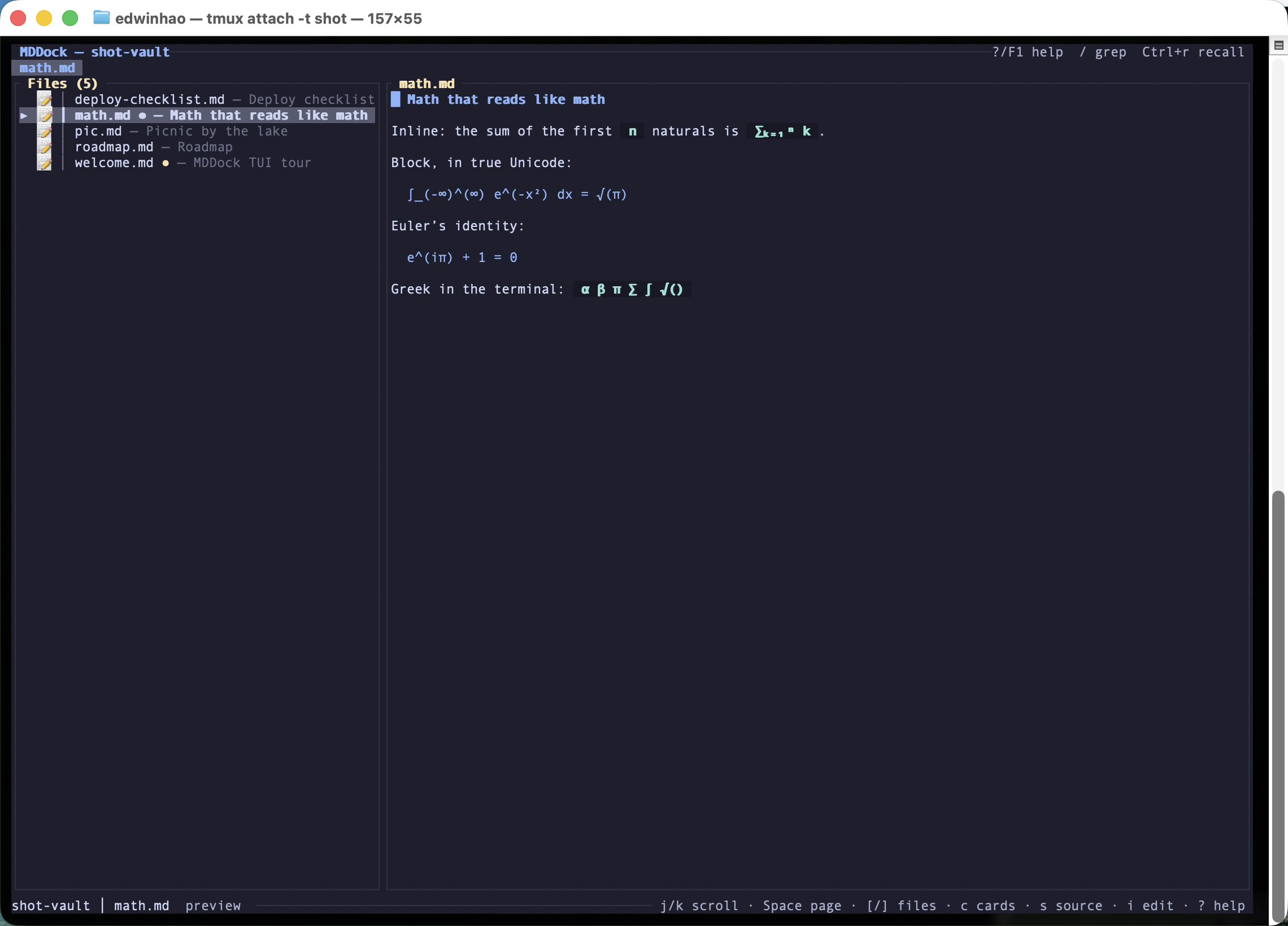 MDDock TUI preview rendering LaTeX formulas as Unicode math symbols: summation, integral, square root and superscripts.