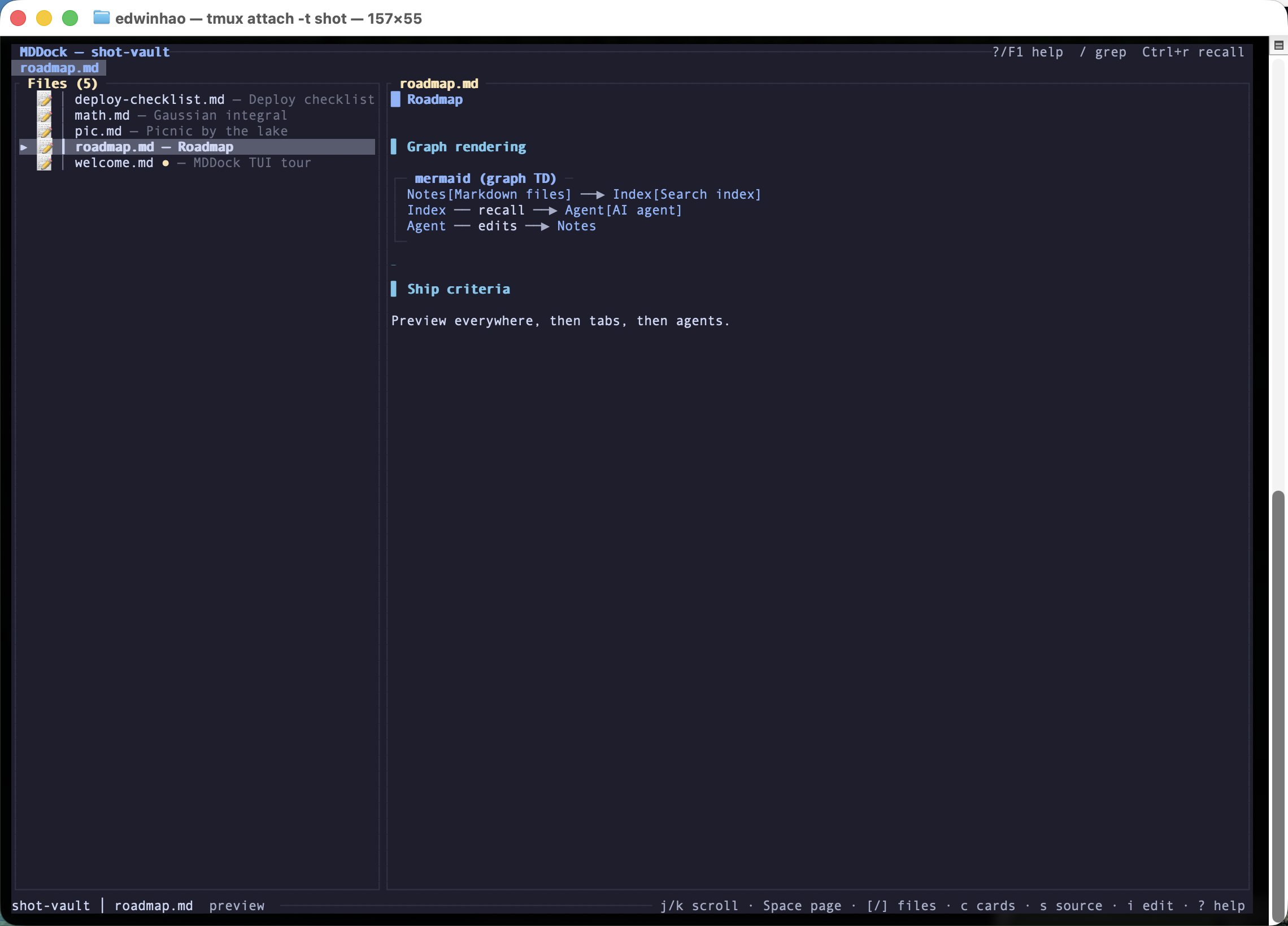 MDDock TUI preview rendering a Mermaid flowchart as an indented arrow list in the terminal.