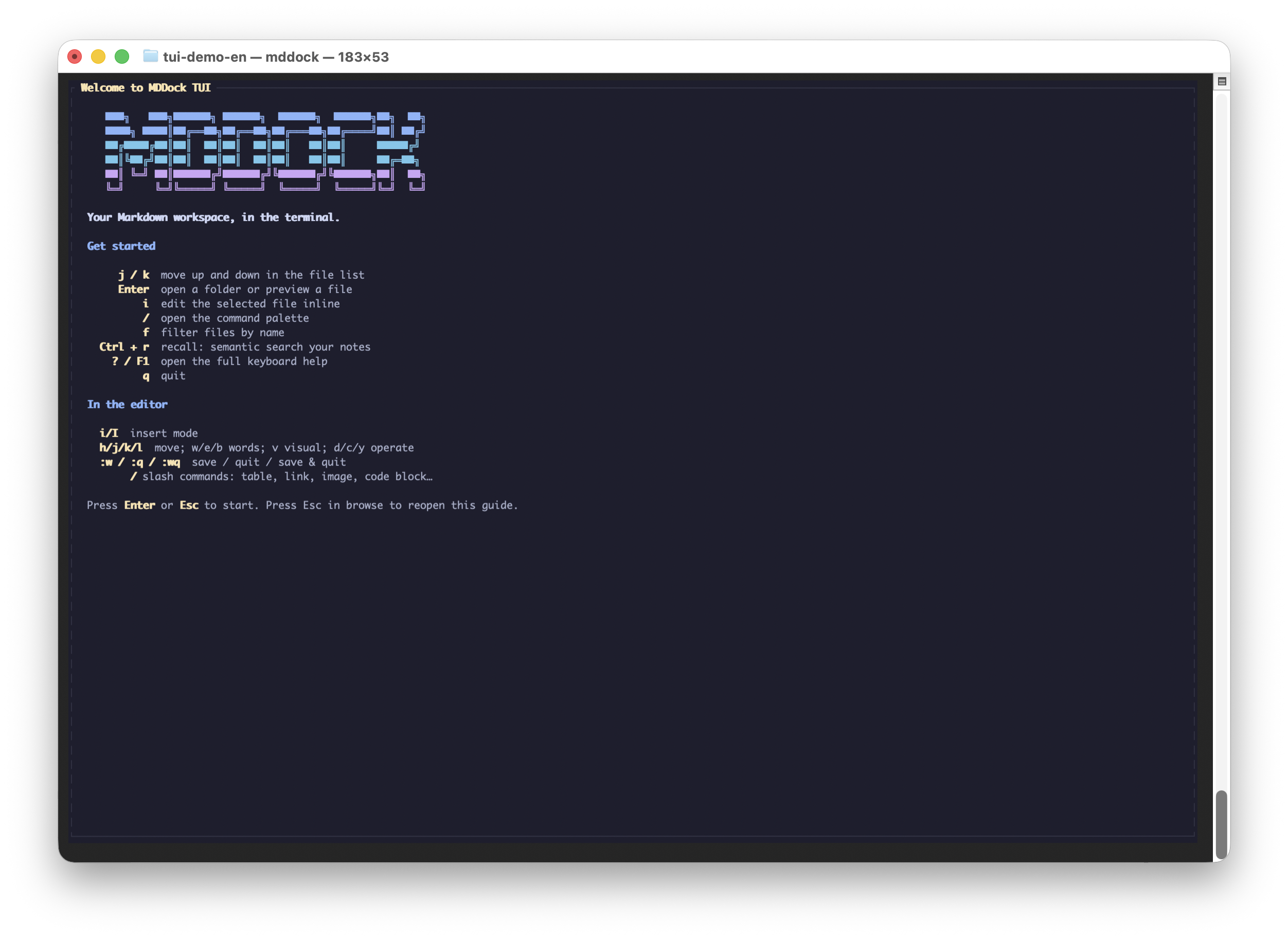 MDDock TUI first-run onboarding screen with a colorful ASCII-art logo and guided hints.