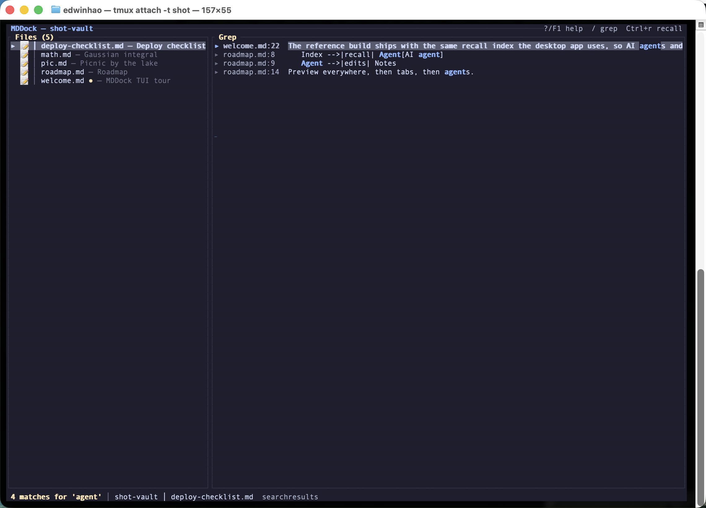 MDDock TUI global text search results listing matches with file paths, line numbers and matching text.