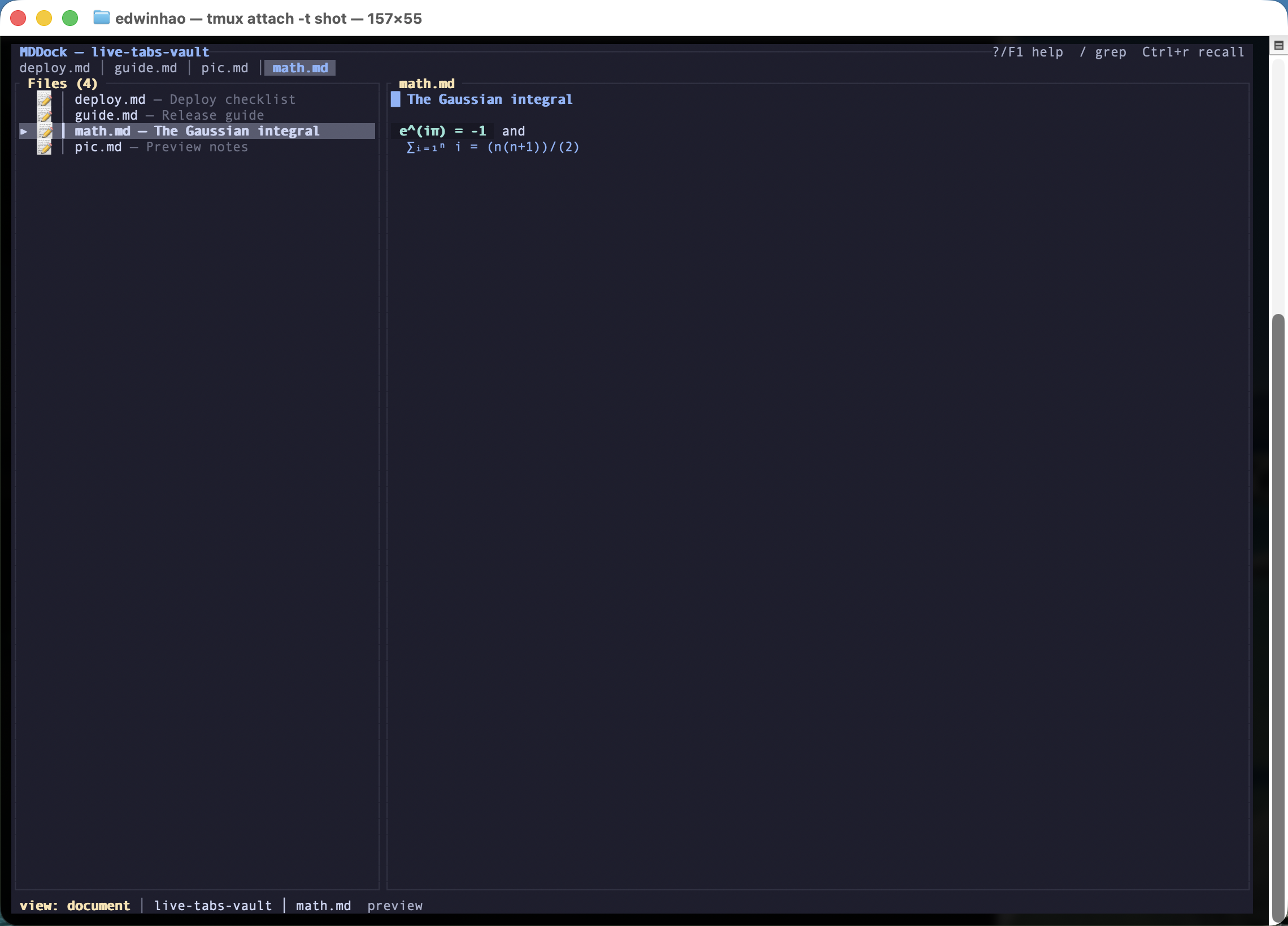 MDDock TUI browse view with three open files as tabs in the bar under the title, the active tab highlighted.