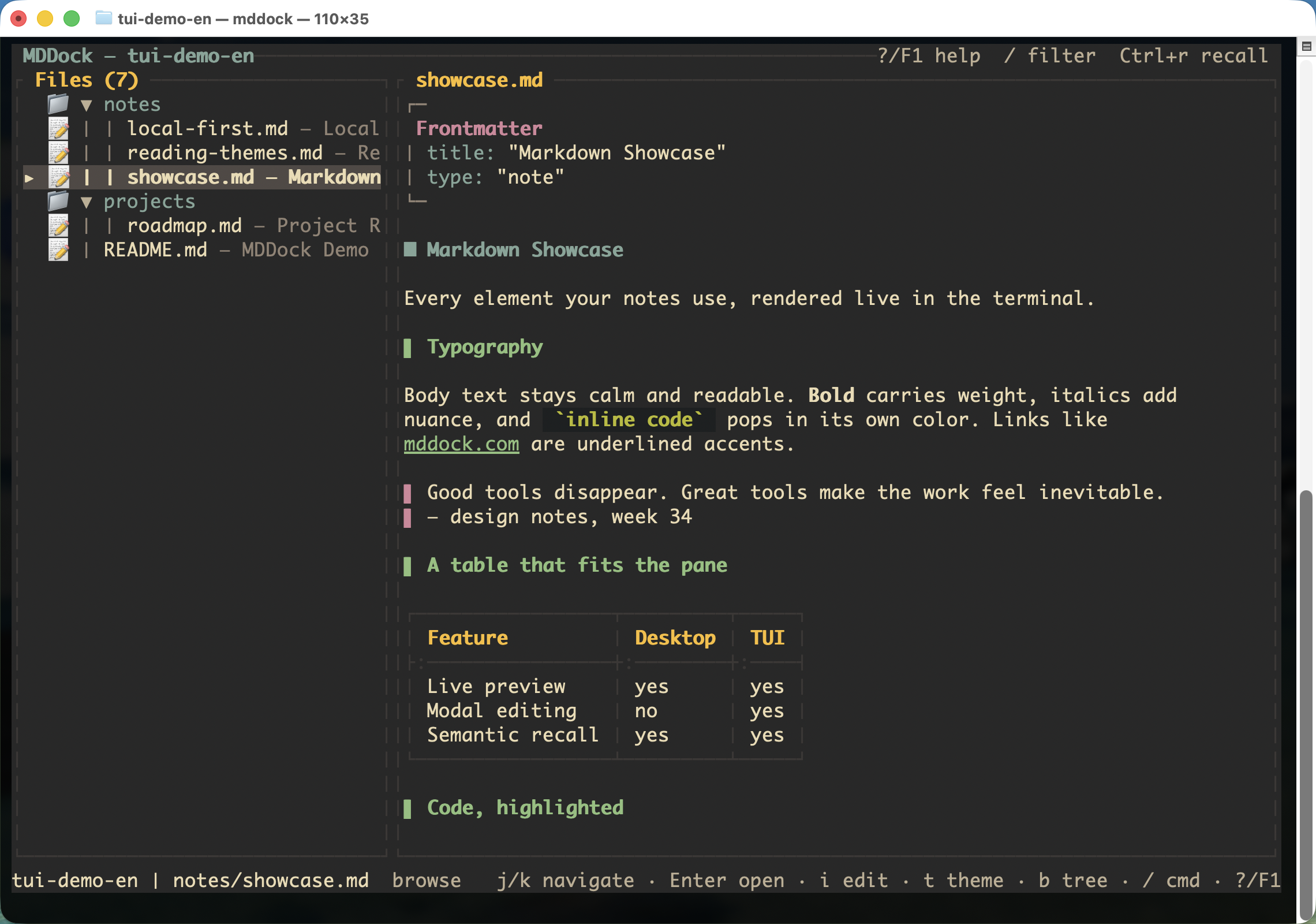 MDDock TUI in the Gruvbox theme — warm retro earth tones.