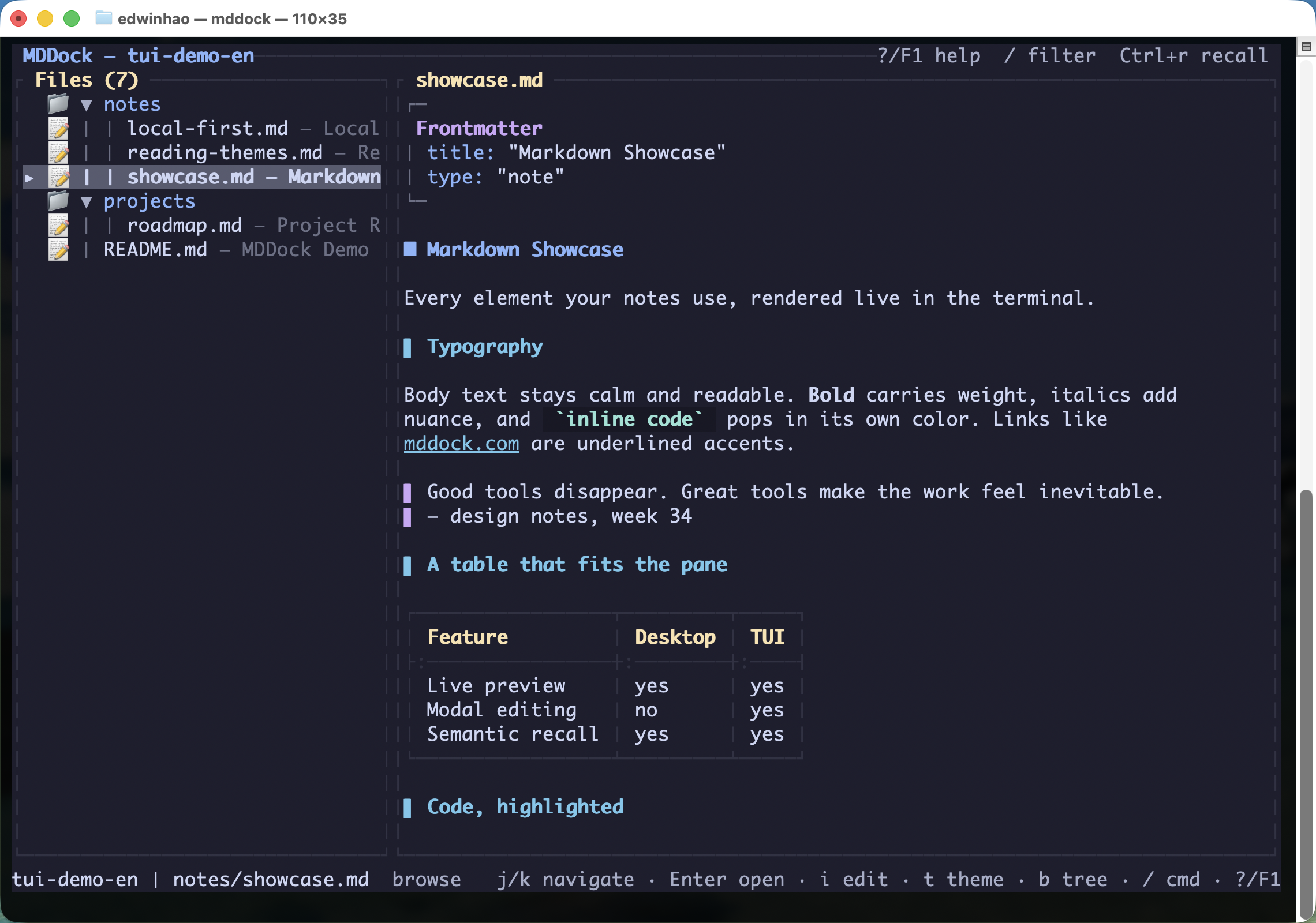 MDDock TUI in the Catppuccin Mocha theme — dark, soft pastels.